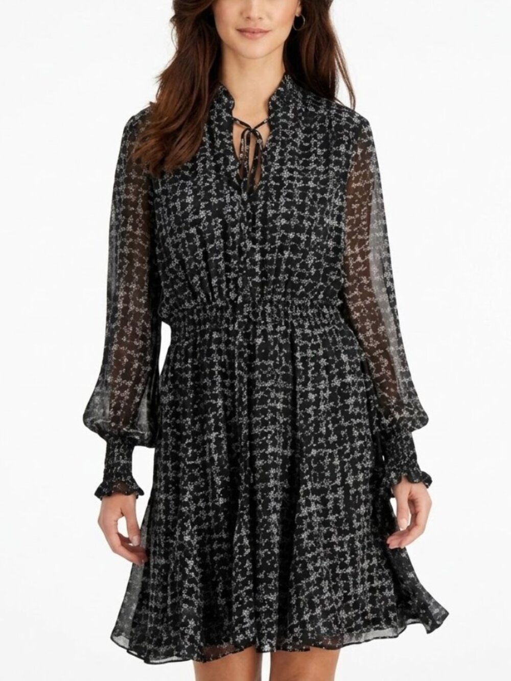 Just Taylor Dark Academia Chiffon Tie-Neck Smocked Waist Mini Dress Small